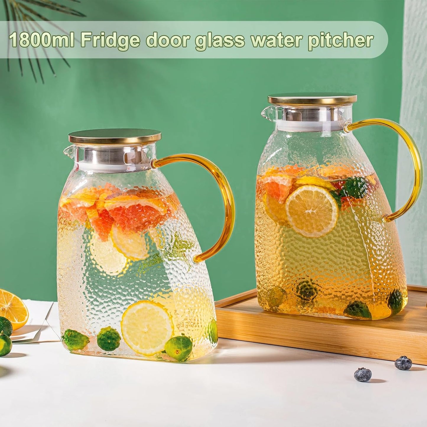 Glass Pitcher With Lid and Spout, 1.8 Liter Large-capacity, High Borosilicate and High-Temperature Resistant Hammer-Textured Glass Water Cooler