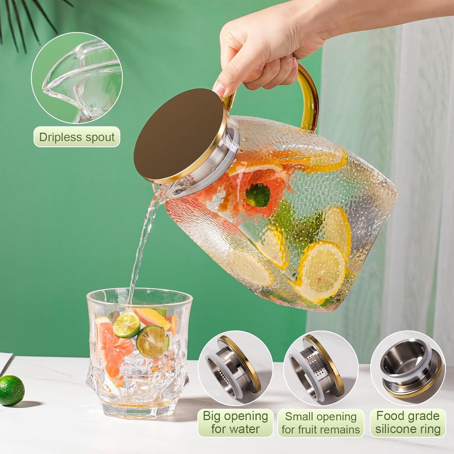 Glass Pitcher With Lid and Spout, 1.8 Liter Large-capacity, High Borosilicate and High-Temperature Resistant Hammer-Textured Glass Water Cooler