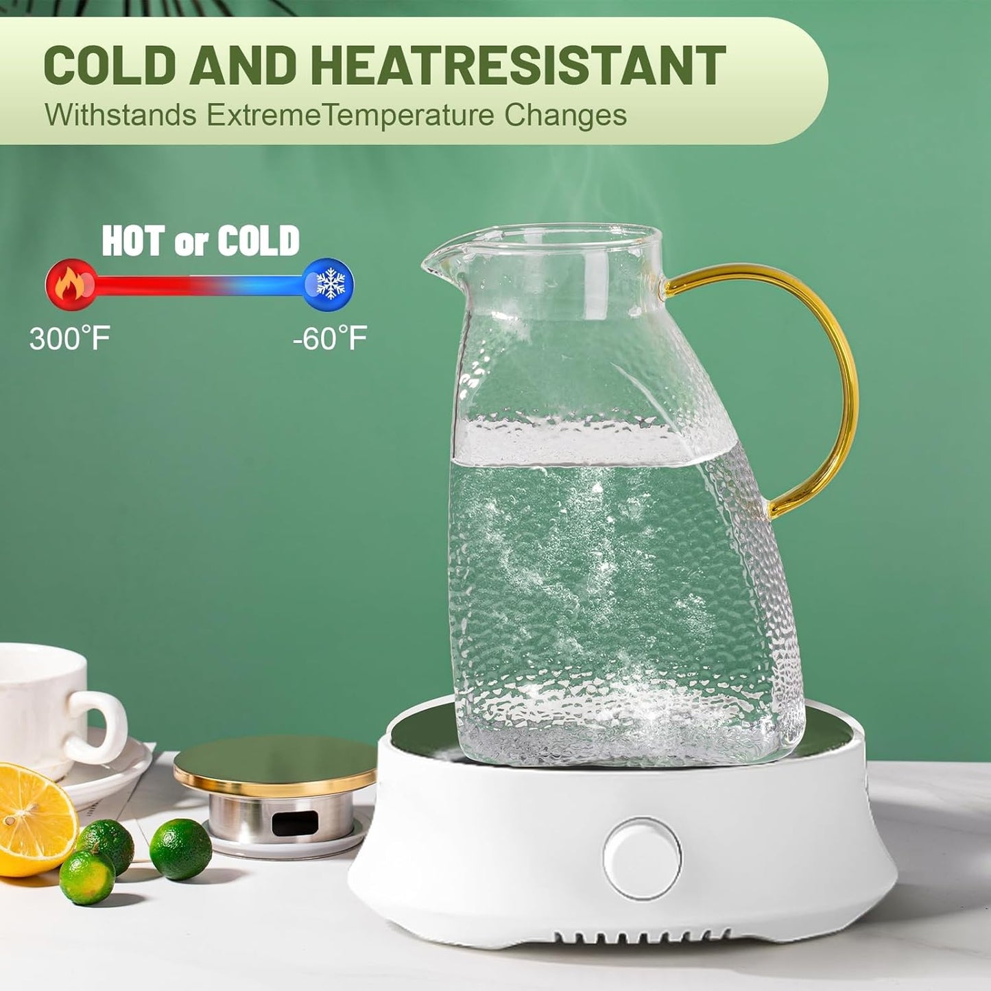Glass Pitcher With Lid and Spout, 1.8 Liter Large-capacity, High Borosilicate and High-Temperature Resistant Hammer-Textured Glass Water Cooler