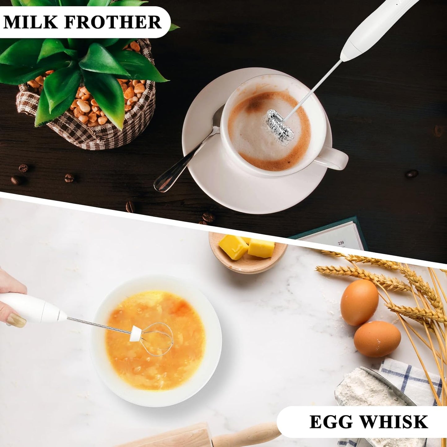 Double Whisk Milk Frother Handheld USB-C Rechargeable Electric Drink Mixer, Adjustable Coffee Foamer Drink Whisk(White)