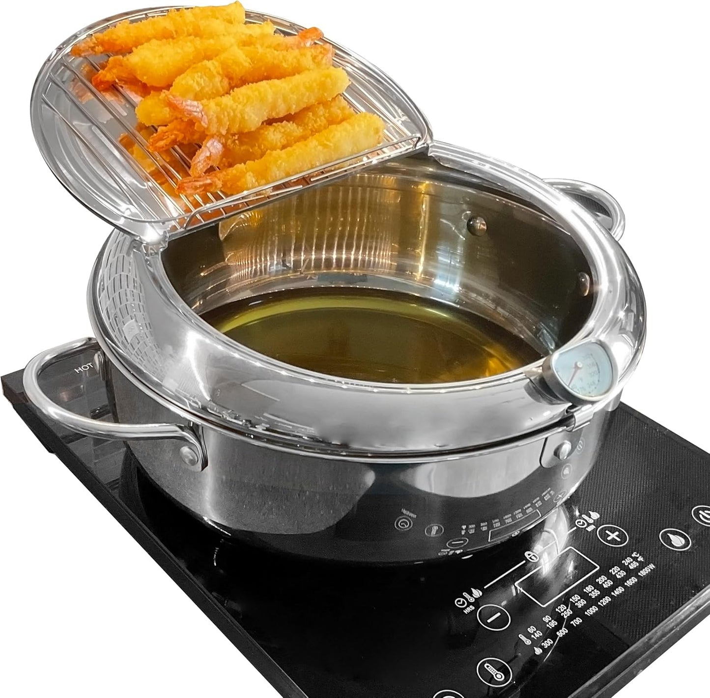 Deep Fryer Pot (°F), Extra Large Tempura Frying Pot with Lid, 304 Stainless Steel Fry Pot with Fahrenheit Thermometer and Oil Drip Drain Rack