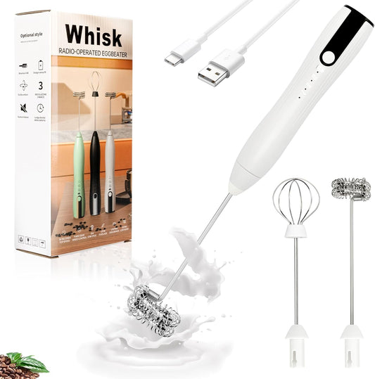 Double Whisk Milk Frother Handheld USB-C Rechargeable Electric Drink Mixer, Adjustable Coffee Foamer Drink Whisk（White）