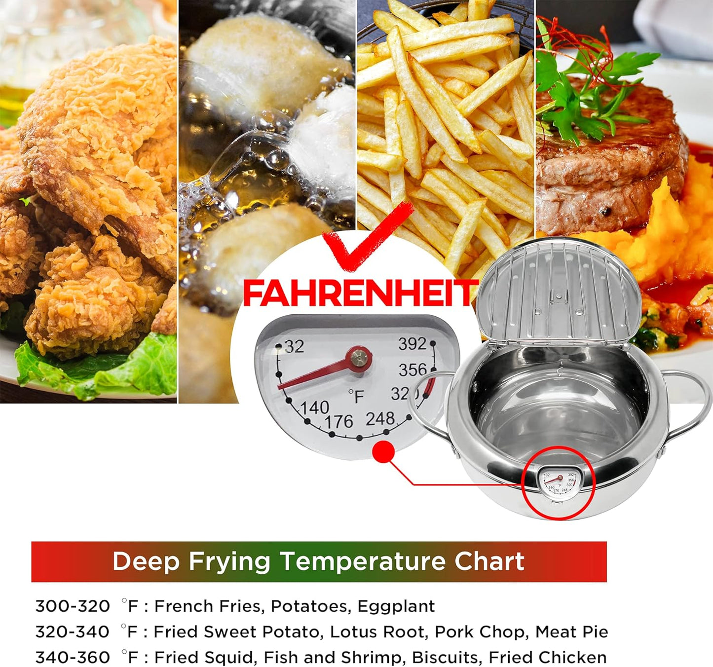 Deep Fryer Pot (°F), Extra Large Tempura Frying Pot with Lid, 304 Stainless Steel Fry Pot with Fahrenheit Thermometer and Oil Drip Drain Rack