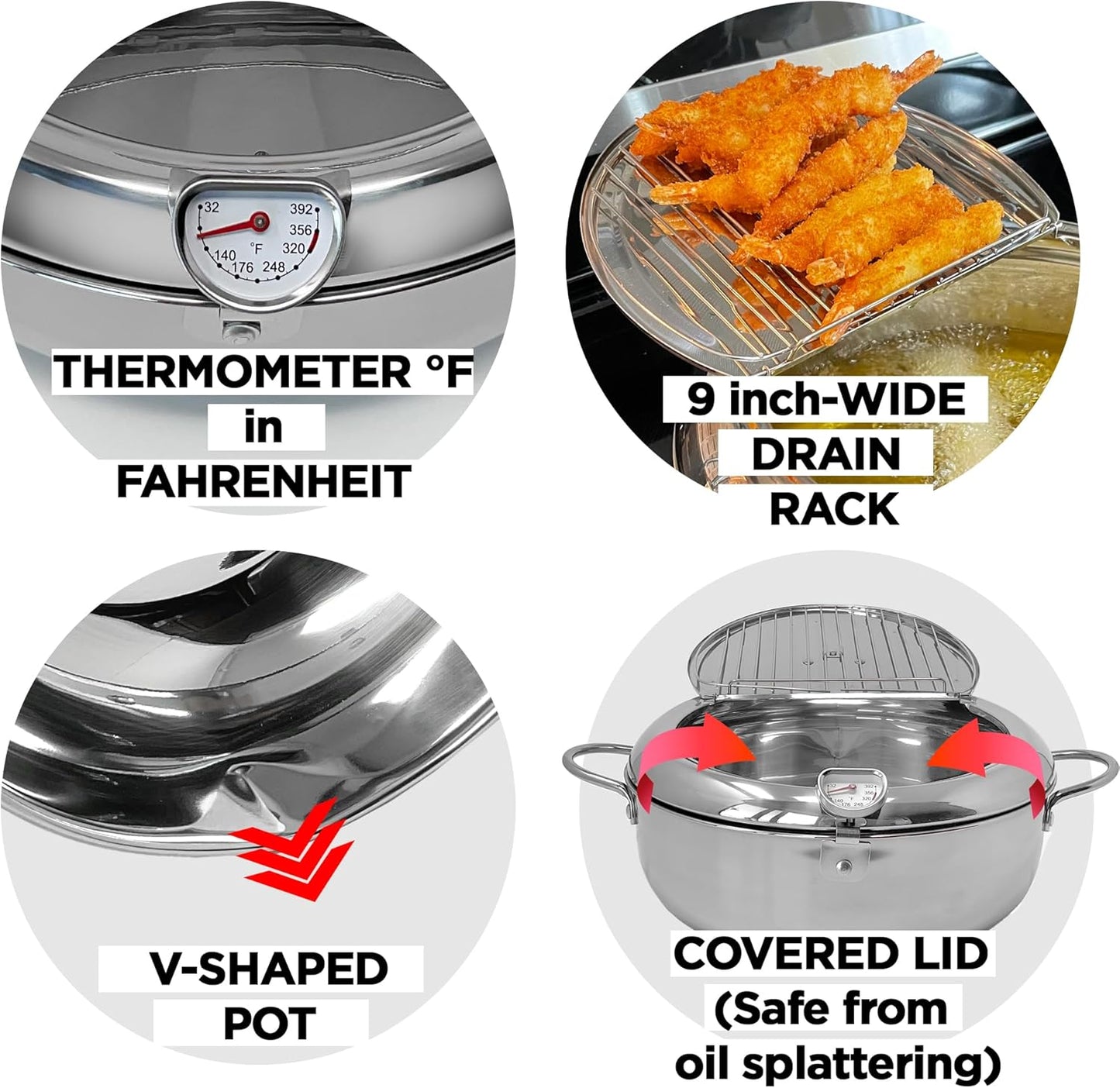 Deep Fryer Pot (°F), Extra Large Tempura Frying Pot with Lid, 304 Stainless Steel Fry Pot with Fahrenheit Thermometer and Oil Drip Drain Rack