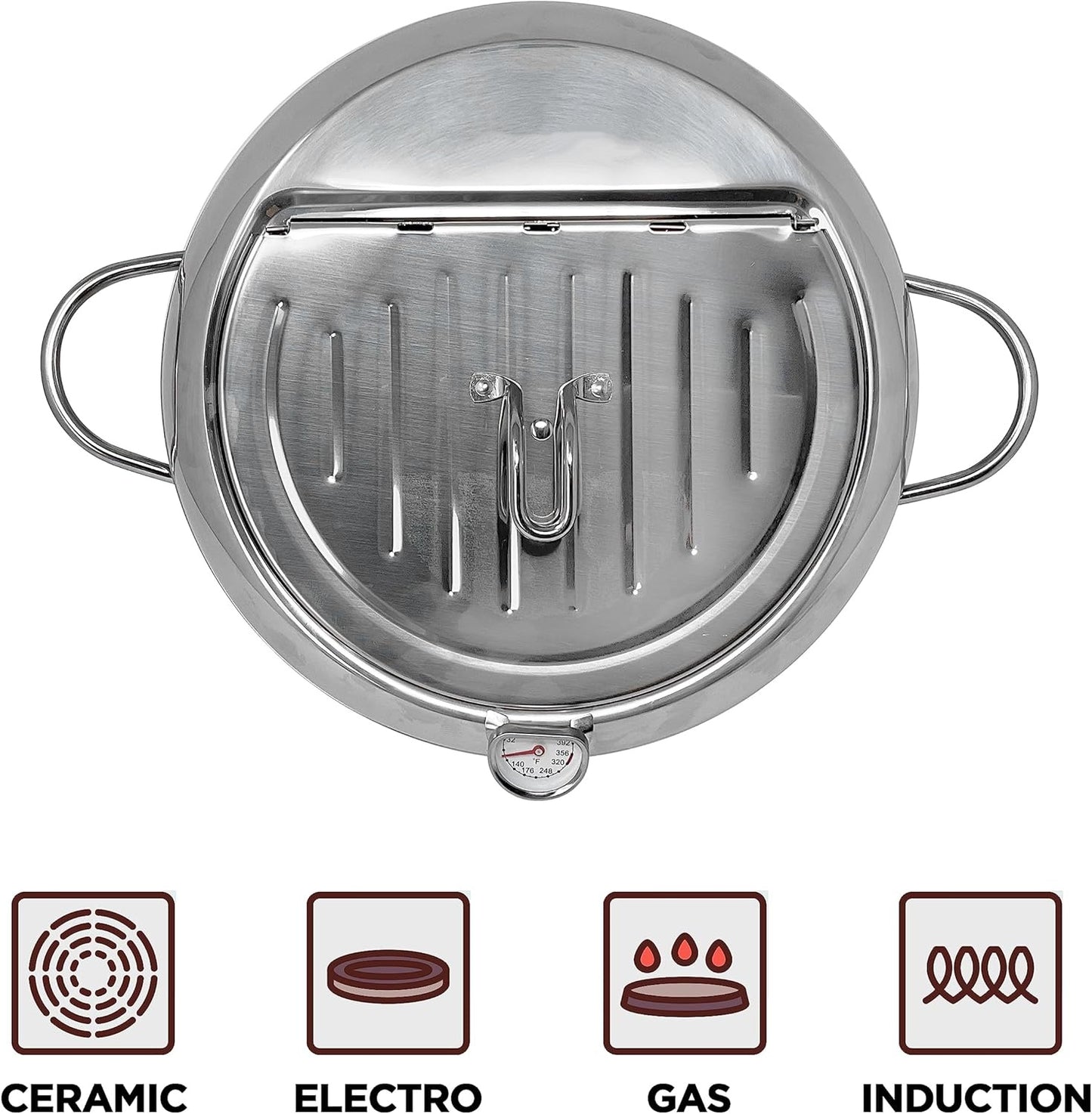 Deep Fryer Pot (°F), Extra Large Tempura Frying Pot with Lid, 304 Stainless Steel Fry Pot with Fahrenheit Thermometer and Oil Drip Drain Rack
