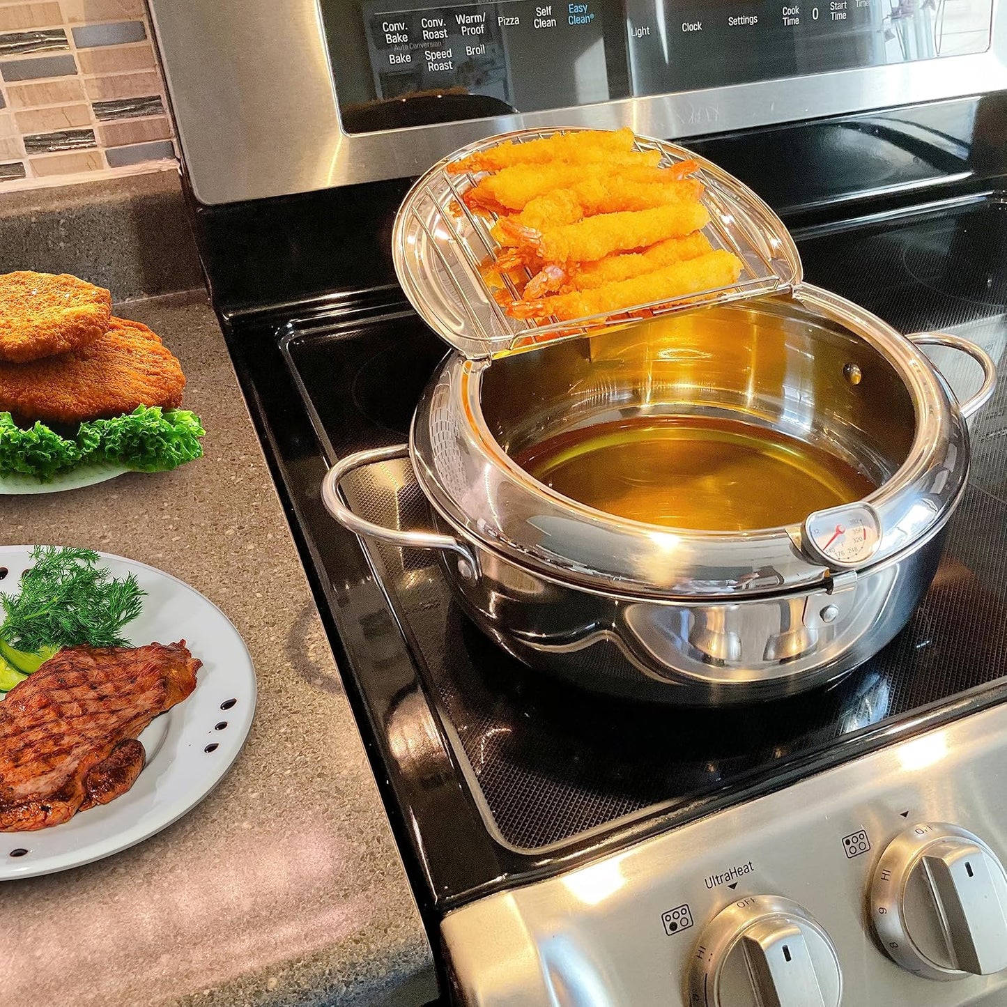 Deep Fryer Pot (°F), Extra Large Tempura Frying Pot with Lid, 304 Stainless Steel Fry Pot with Fahrenheit Thermometer and Oil Drip Drain Rack